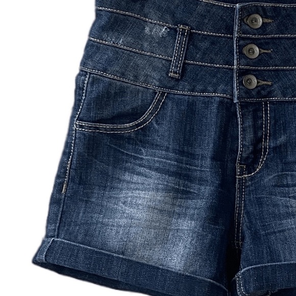 High Rise Blue Jean Shorts Denim Cuffed Hem 3 Button Cute Sexy Fit Dollhouse - Picture 3 of 16